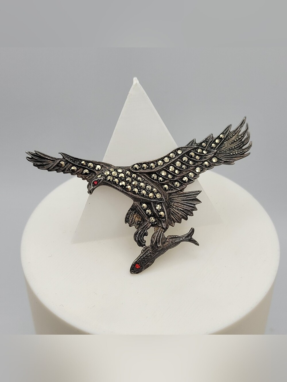 Vintage Sterling Silver Marcasite Eagle Catching Fish Brooch Pin Red Rhinestone